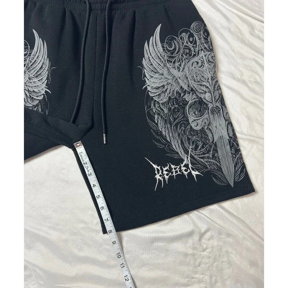 Rebel Vengeance Mens XL Black Graphic Wing Sword Sweat Shorts Streetwear Gothic - Picture 10 of 14